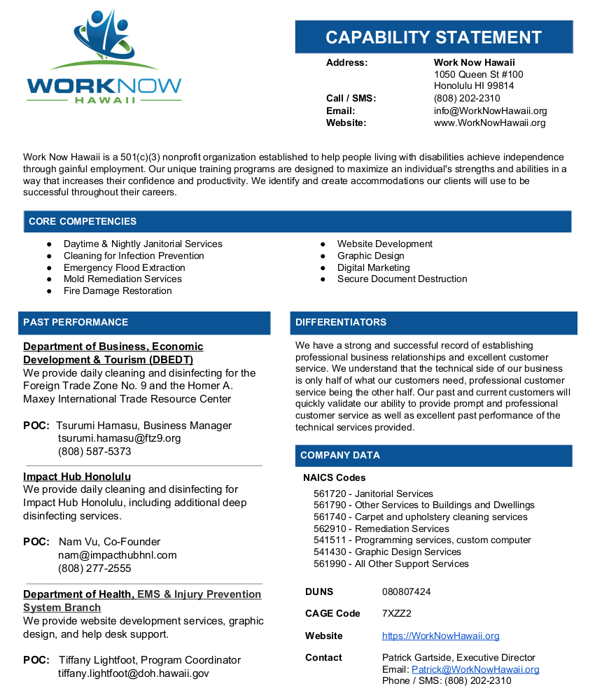 Capability Statement for Work Now Hawaii, click to open accessible PDF.