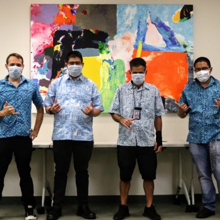 Four of the Work Now Hawaii Custodial Team Four men standing in a row, wearing masks