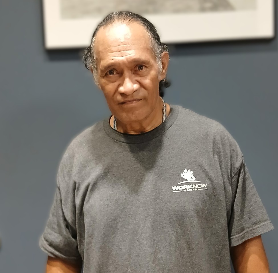 Image of Eddie, in his Work Now Hawaii shirt.