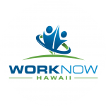 The Work Now Hawaii Logo featuring two figures, doing a high five on common ground, with an abstract ring around them on a white circular background